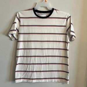 Denim & Flower Striped T-Shirt Short Sleeve Casual Top White‎ Red Black L